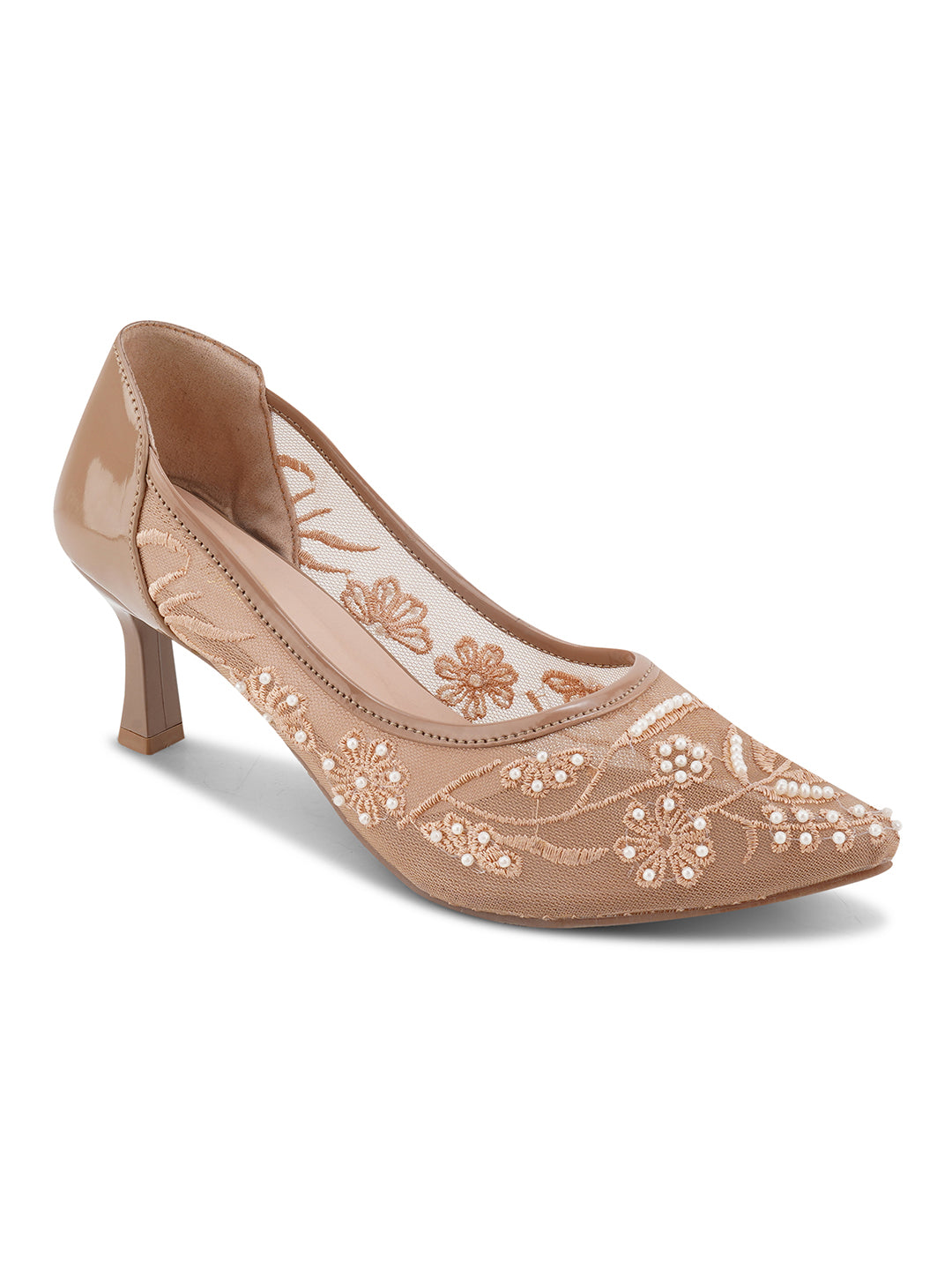 Pearl Embroidered Mesh Kitten Heels