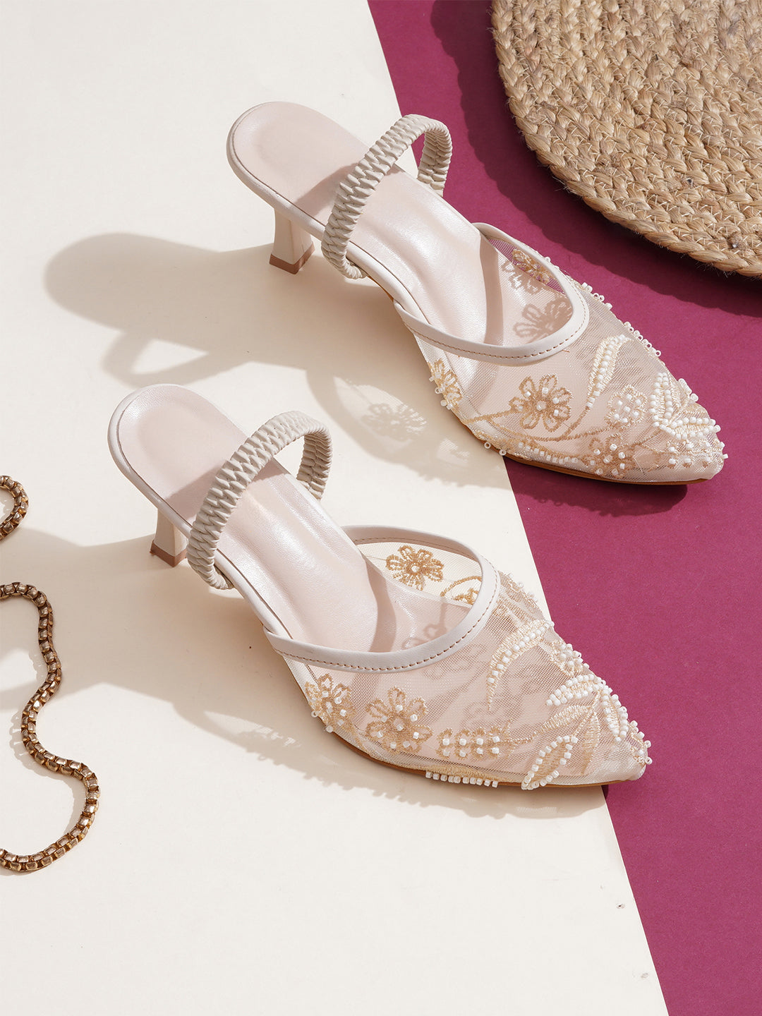 Mesh Embellished Pointed Toe Mule Heels