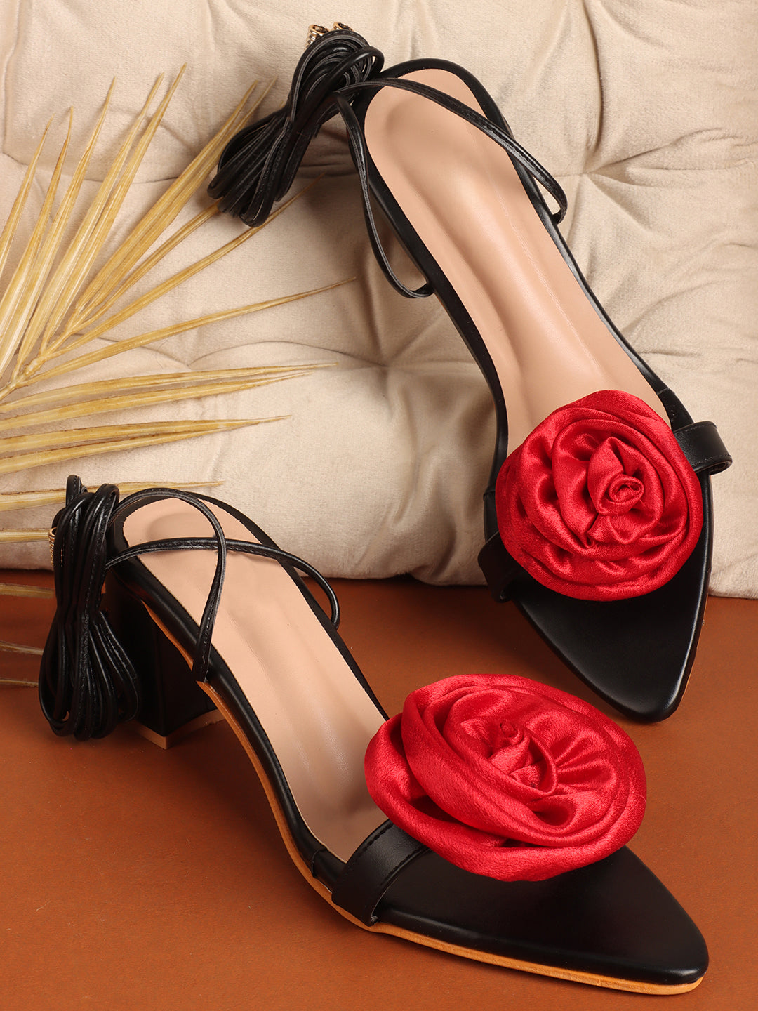Rose Detail Tie-Up Mid Heel Sandals