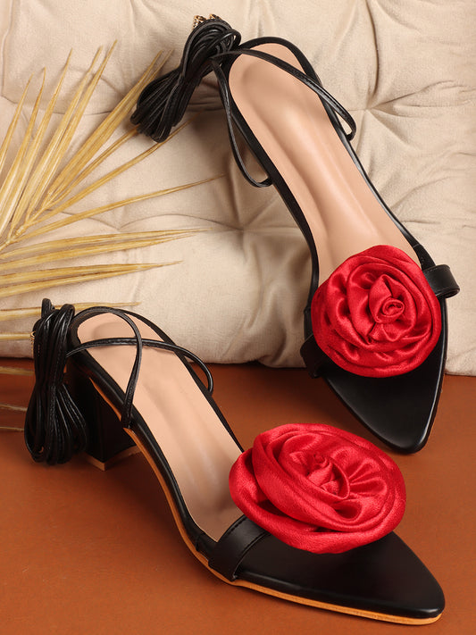 Rose Detail Tie-Up Mid Heel Sandals