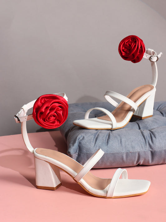 Rose Detail Ankle Strap Block Heels