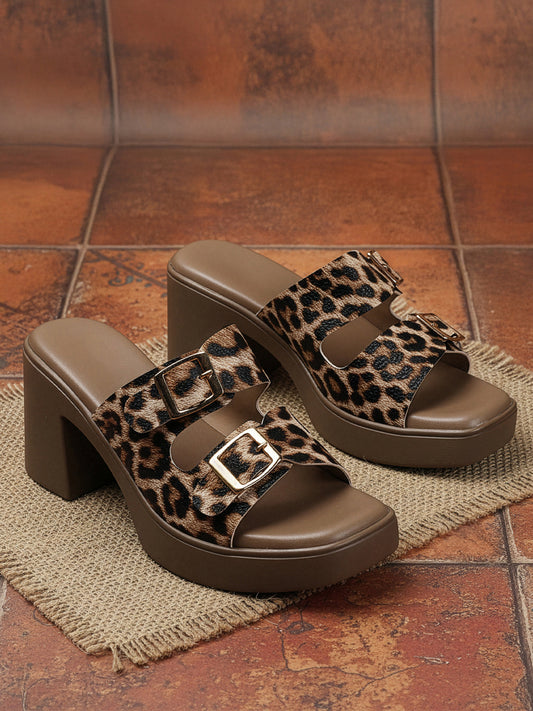 Animal Print Double Buckle Block Heel