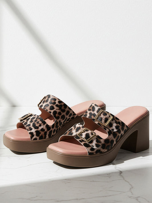 Animal Print Double Buckle Block Heel