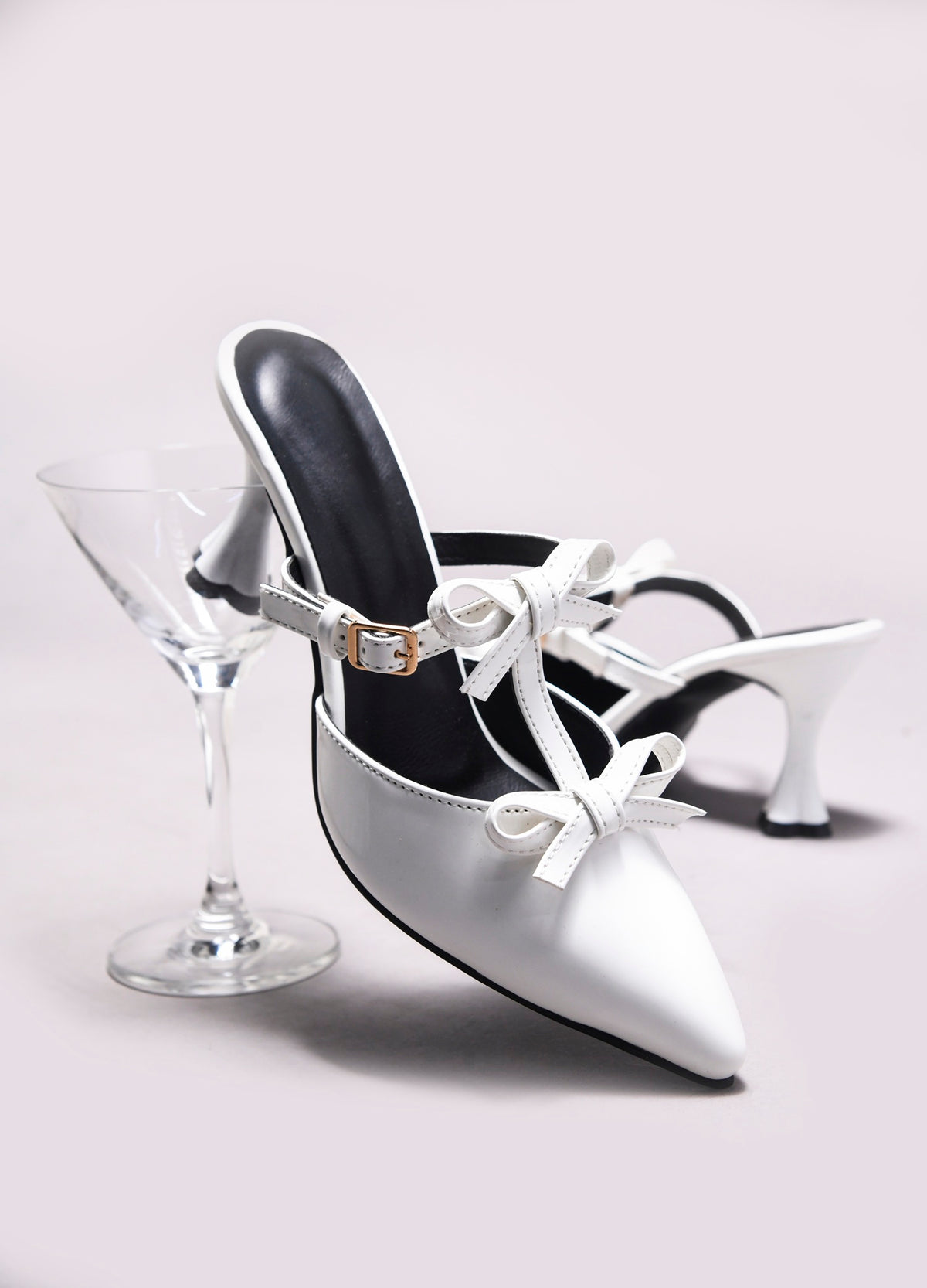 Patent Finish Bow-Detail Kitten Heel Mules