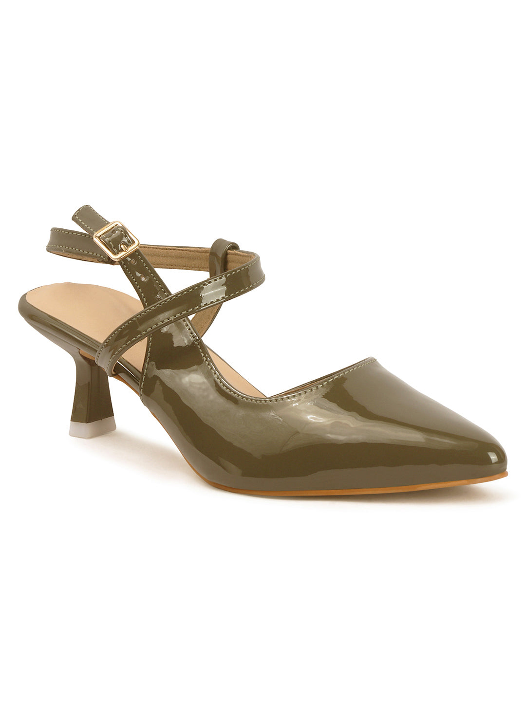 Elegant Patent Pointed Toe Slingback Kitten Heel Mules-Olive