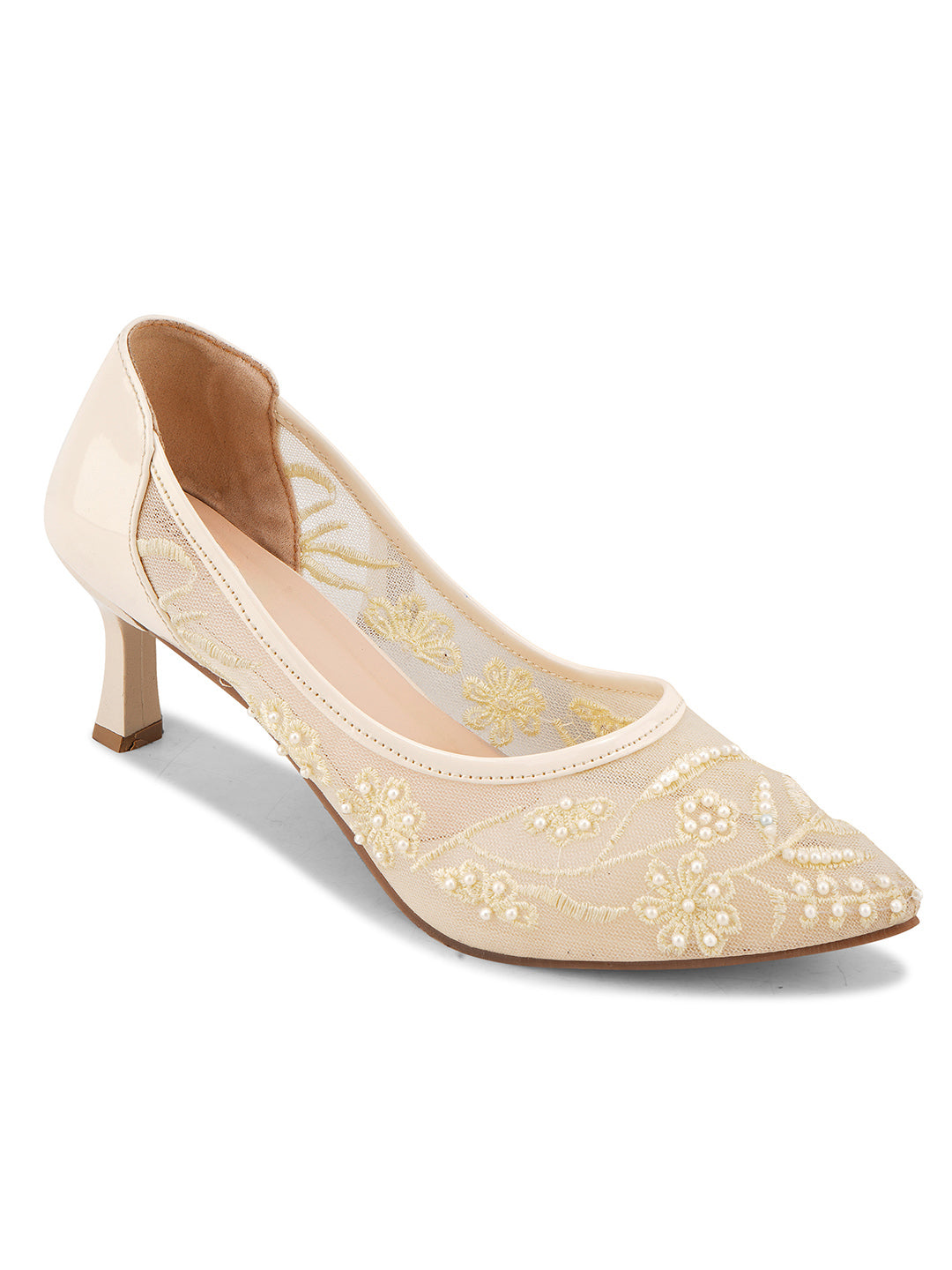Pearl Embroidered Mesh Kitten Heels