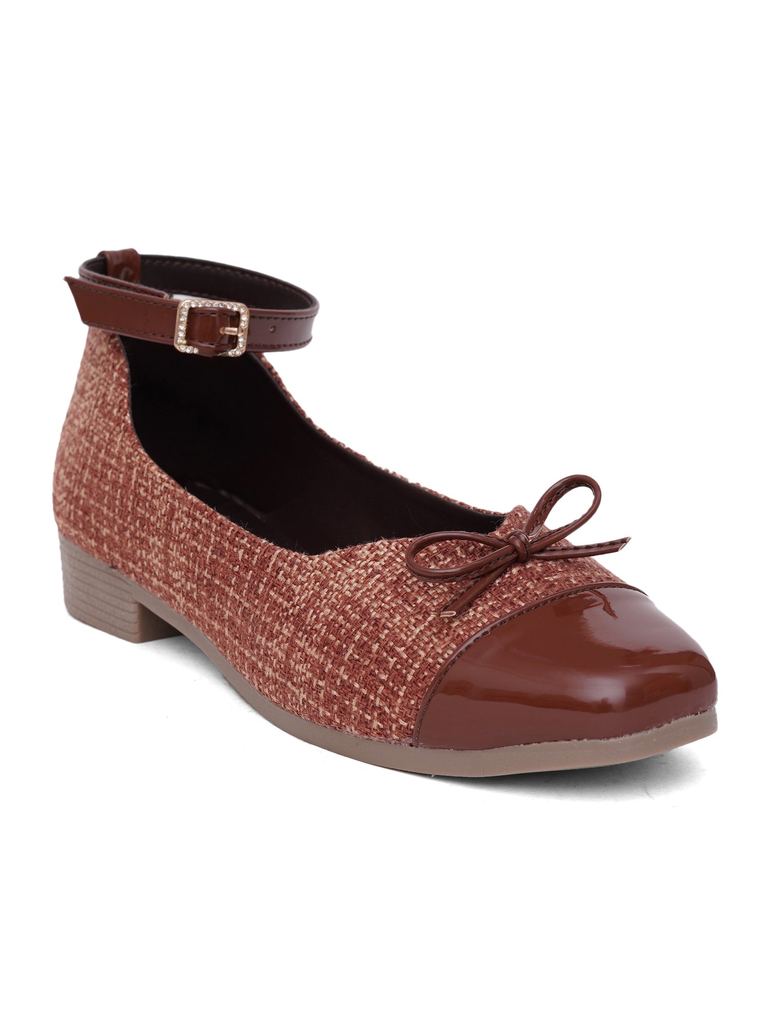Elegant Tweed Texture Ballet Pumps Bellies with Ankle Strap