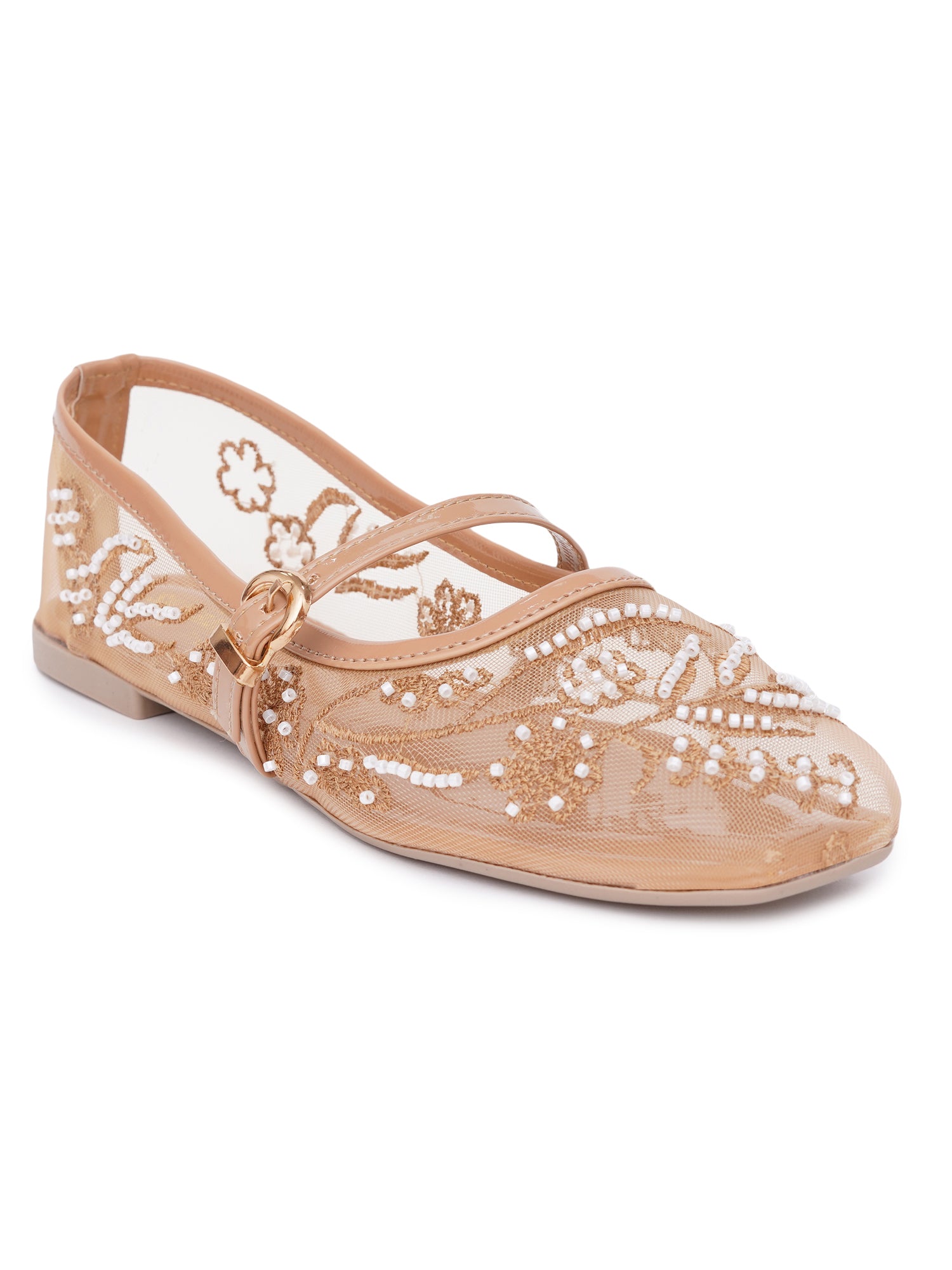 Elegant Pearl & Sequin Strap Mary Jane Style Ballerinas