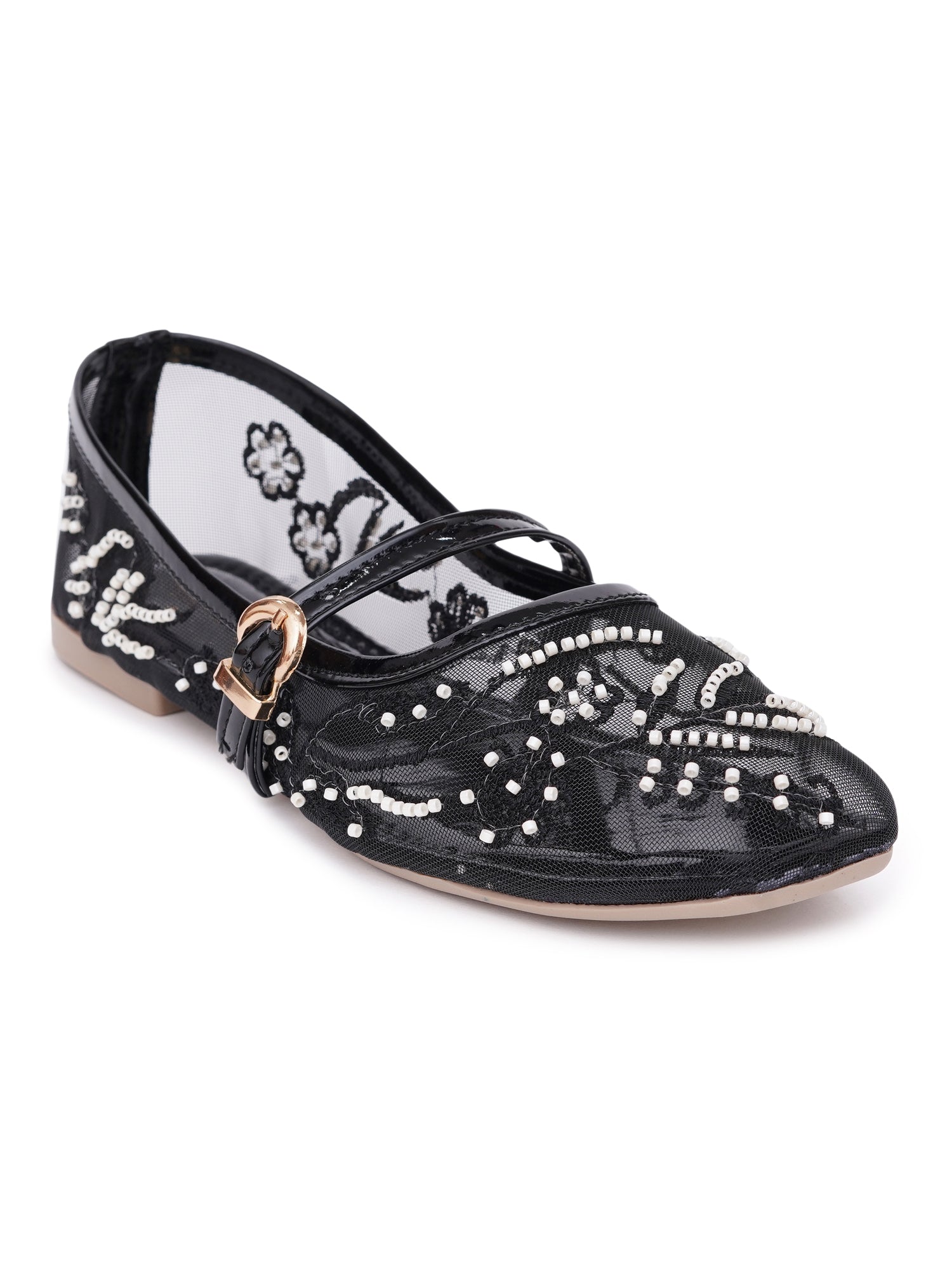 Elegant Pearl & Sequin Strap Mary Jane Style Ballerinas