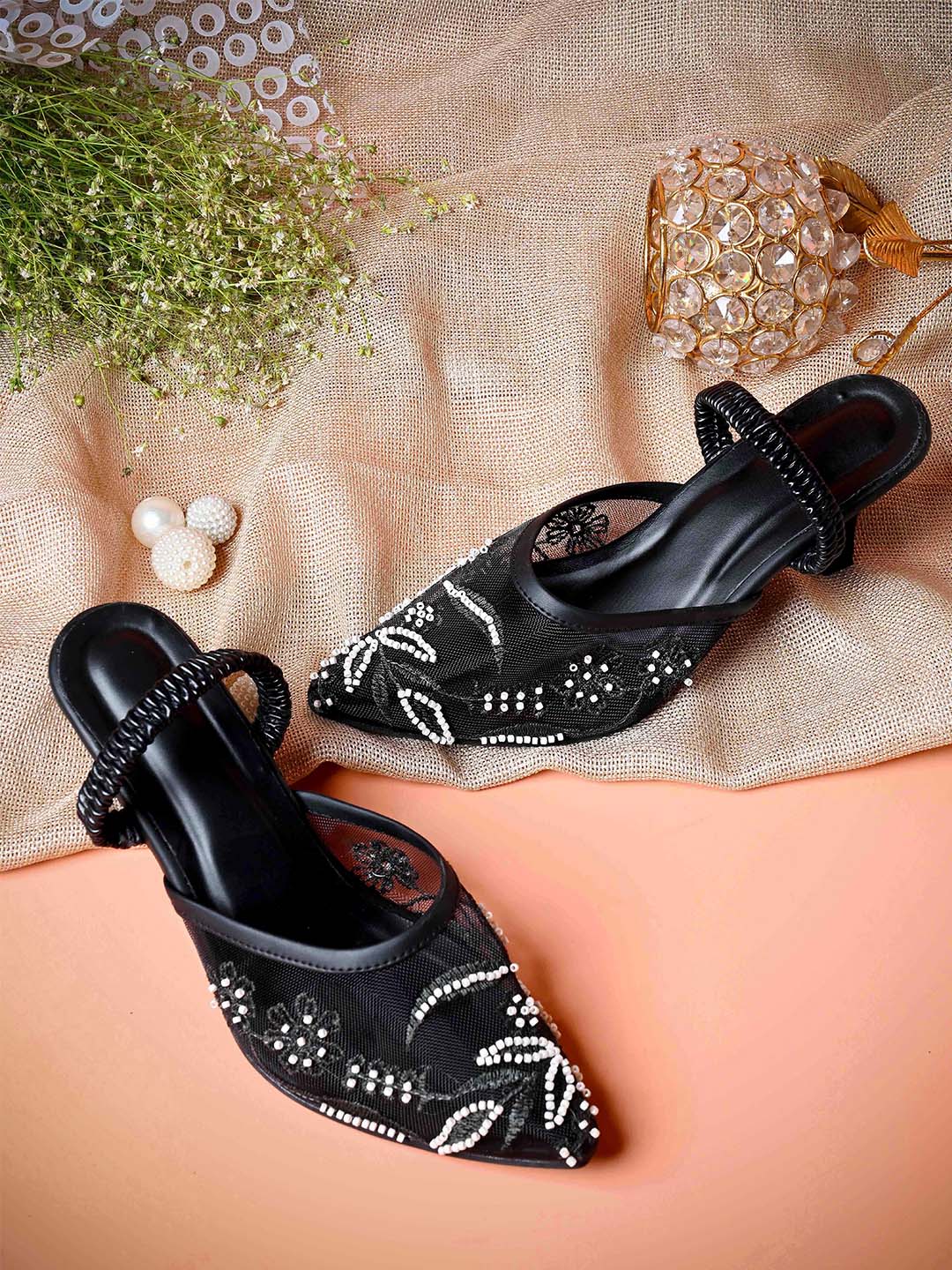 Mesh Embellished Pointed Toe Mule Heels