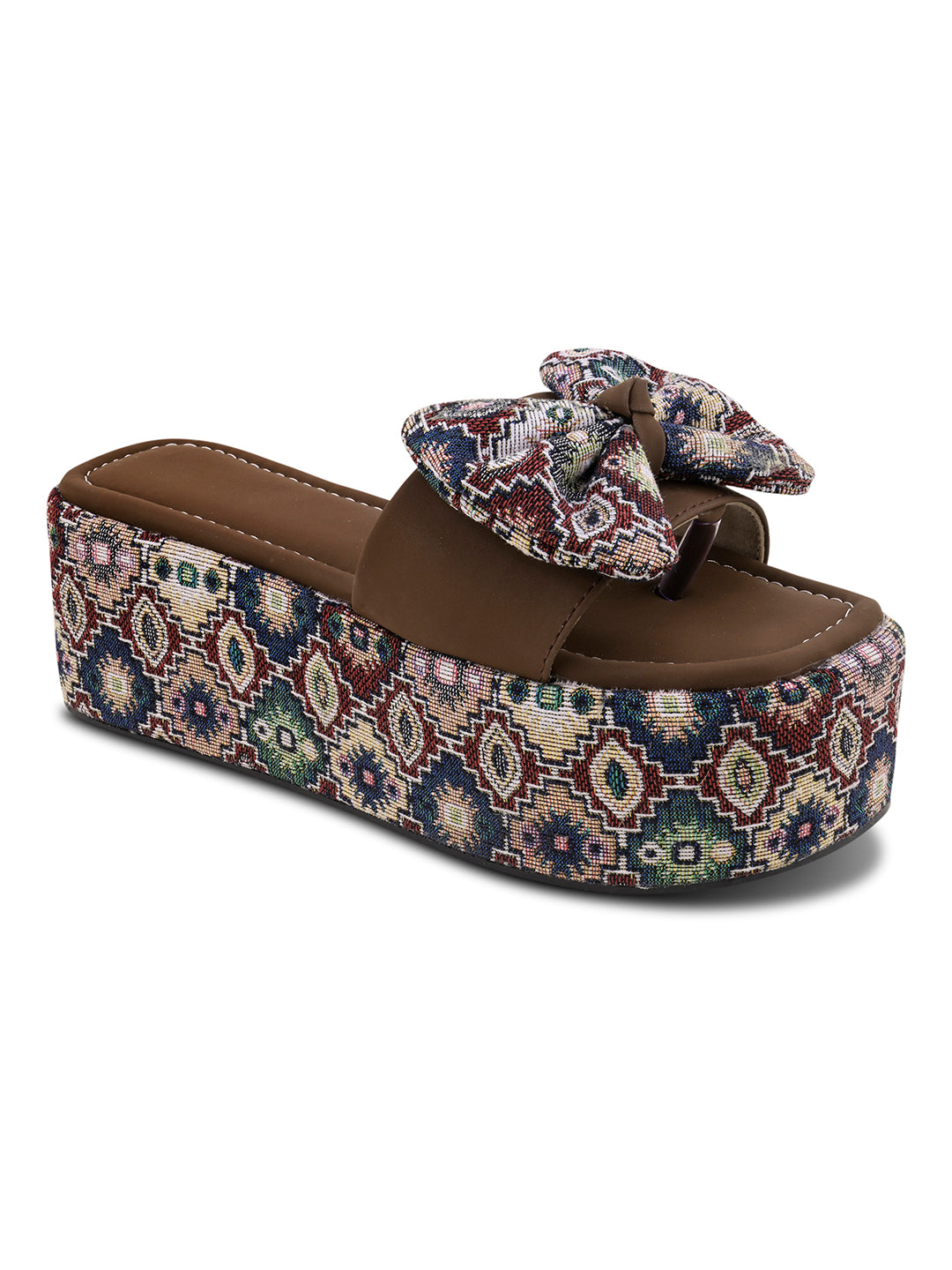 Tribal Boho Bow Printed Platform Wedge Slides