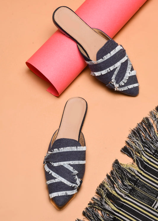 Frayed Edge Denim Pointed-Toe Mule Flats