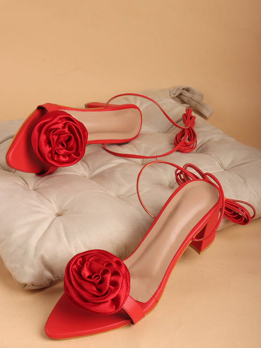 Rose Detail Tie-Up Mid Heel Sandals