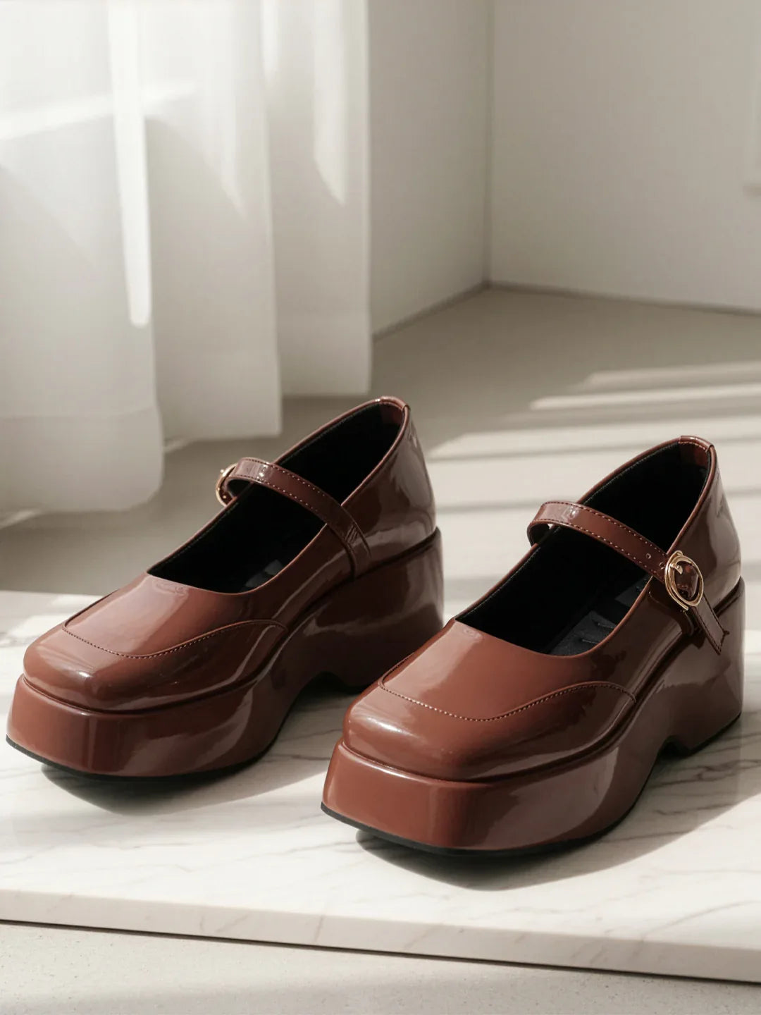 Glossy Strap Platform Heel Pumps