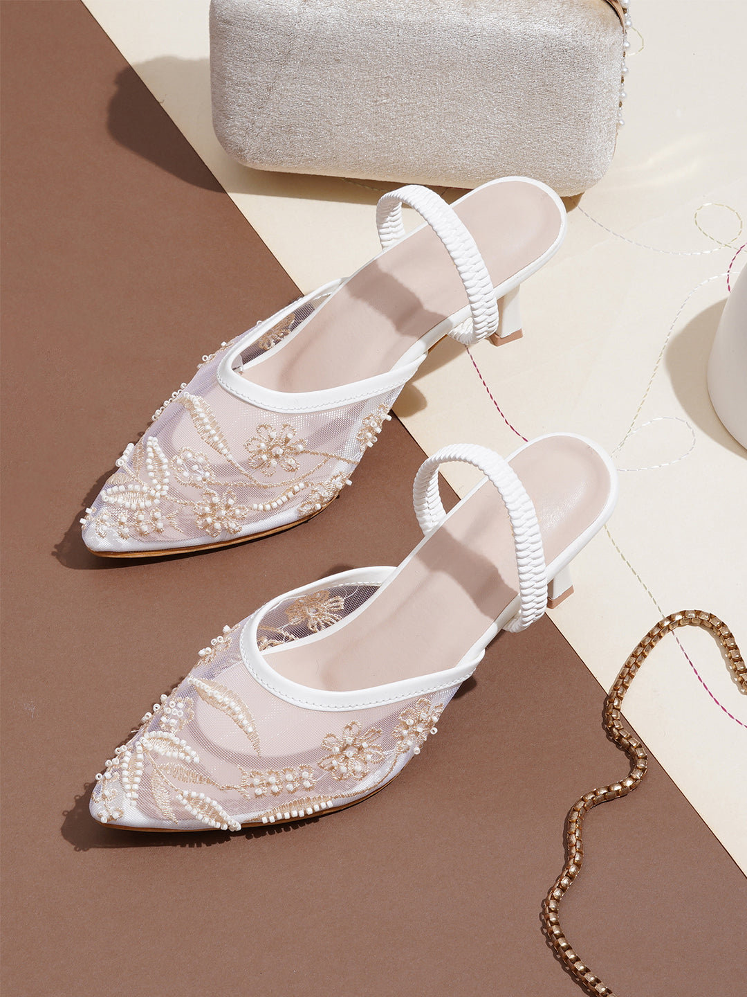 Mesh Embellished Pointed Toe Mule Heels