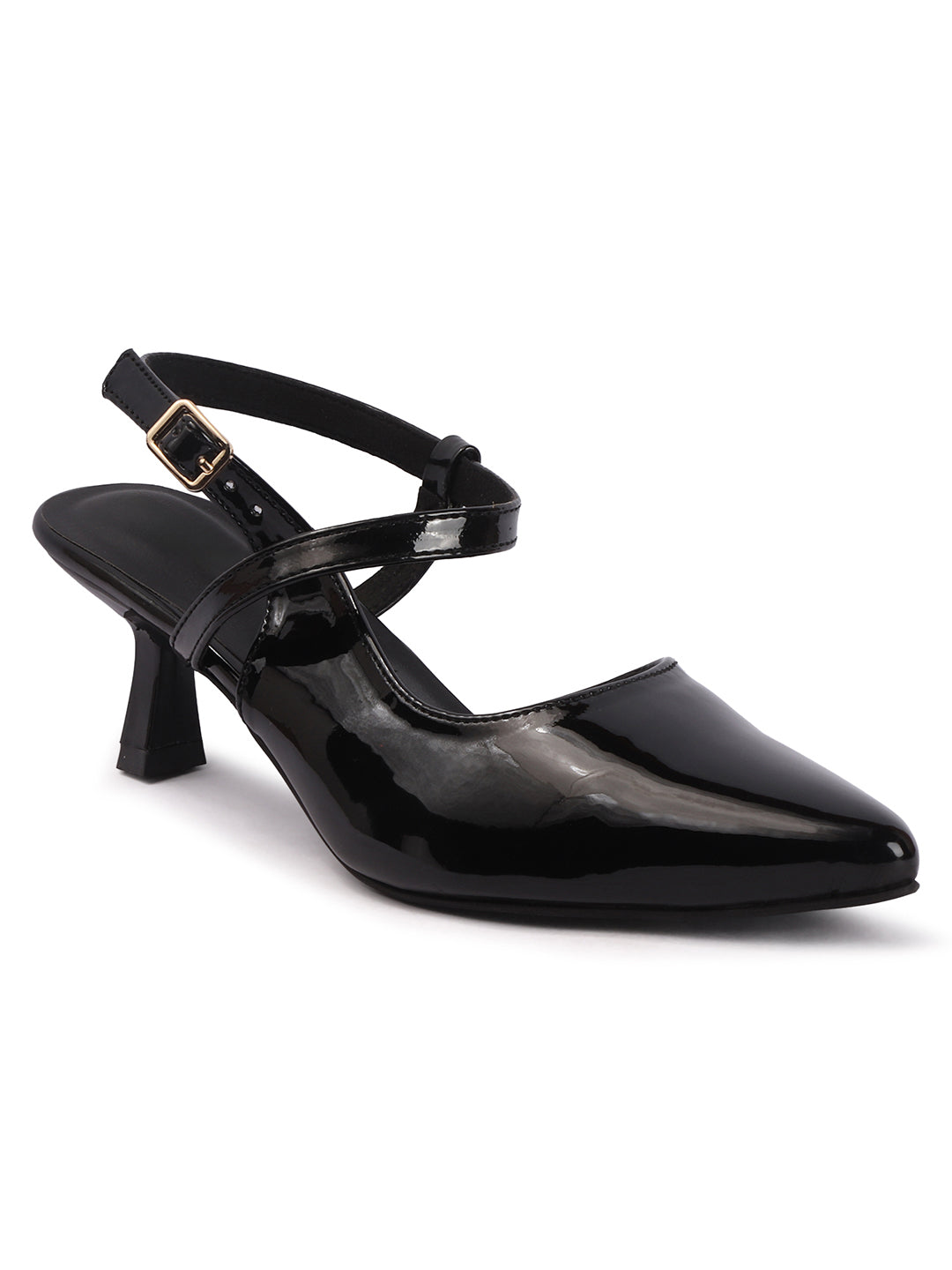 Elegant Patent Pointed Toe Slingback Kitten Heel Mules-Black