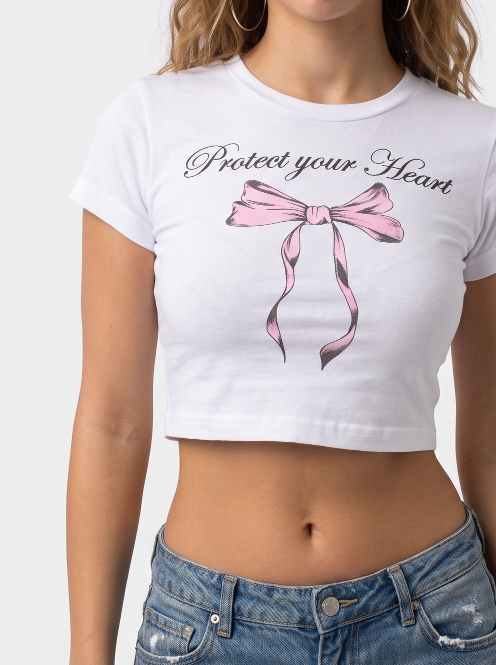 "Protect Your Heart" Bow Graphic Crop T-Shirt-White