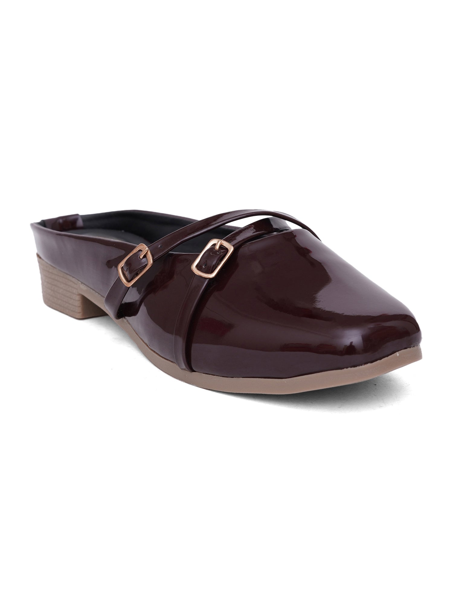 Elegant Double Strap Glossy Pointed Toe Mule Shoes