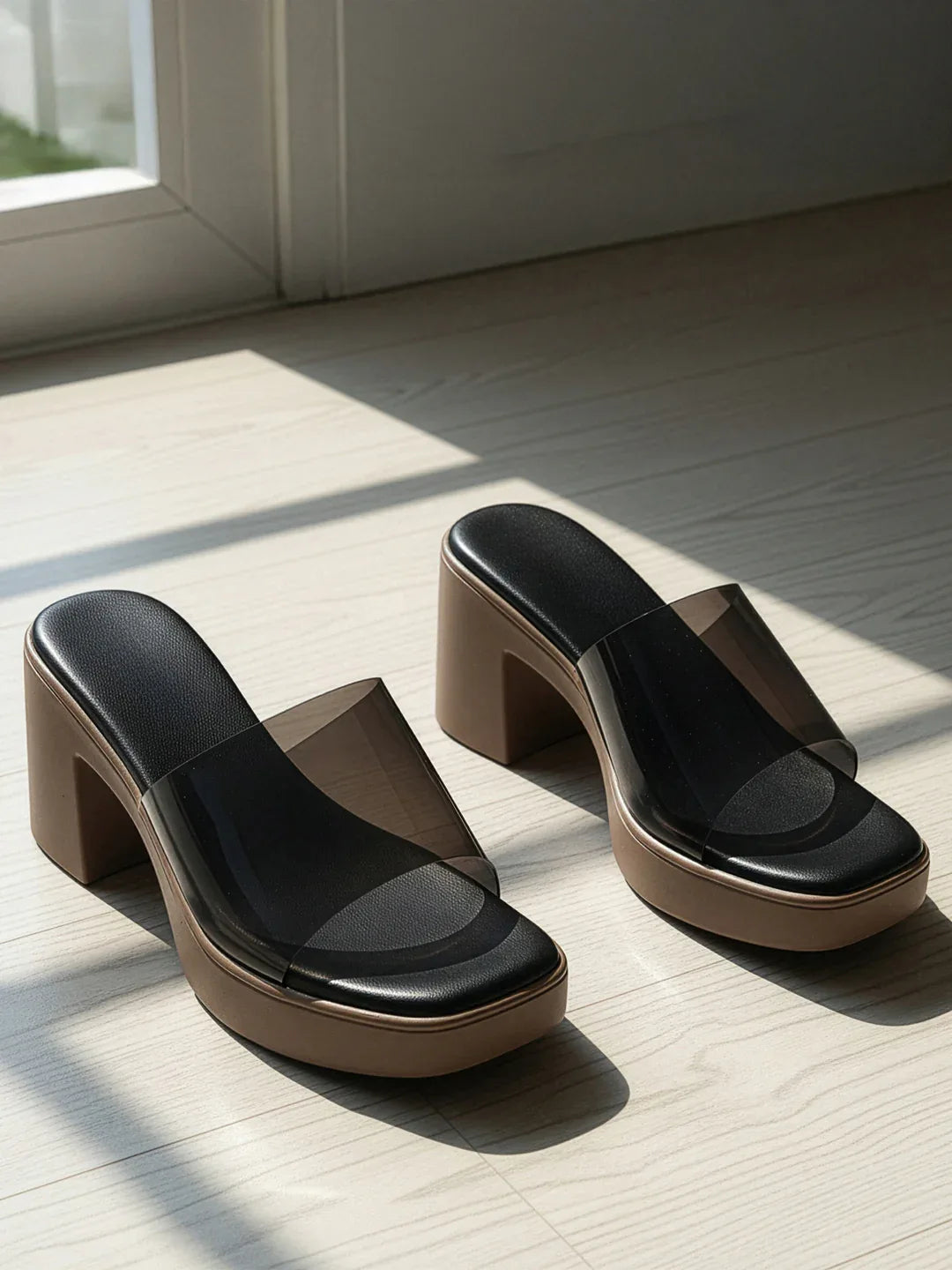 Modern Gloss Strap Mid Heel Slides