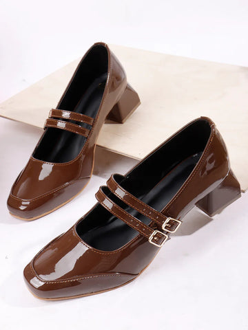 Patent Finish Buckle Detail Mid Heels