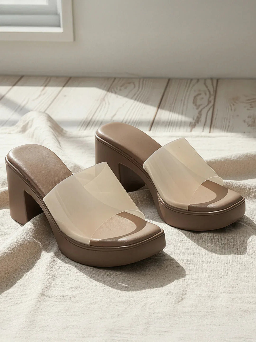 Modern Gloss Strap Mid Heel Slides