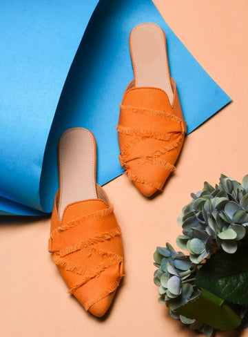Frayed Edge Denim Pointed-Toe Mule Flats