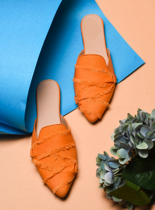 Frayed Edge Denim Pointed-Toe Mule Flats