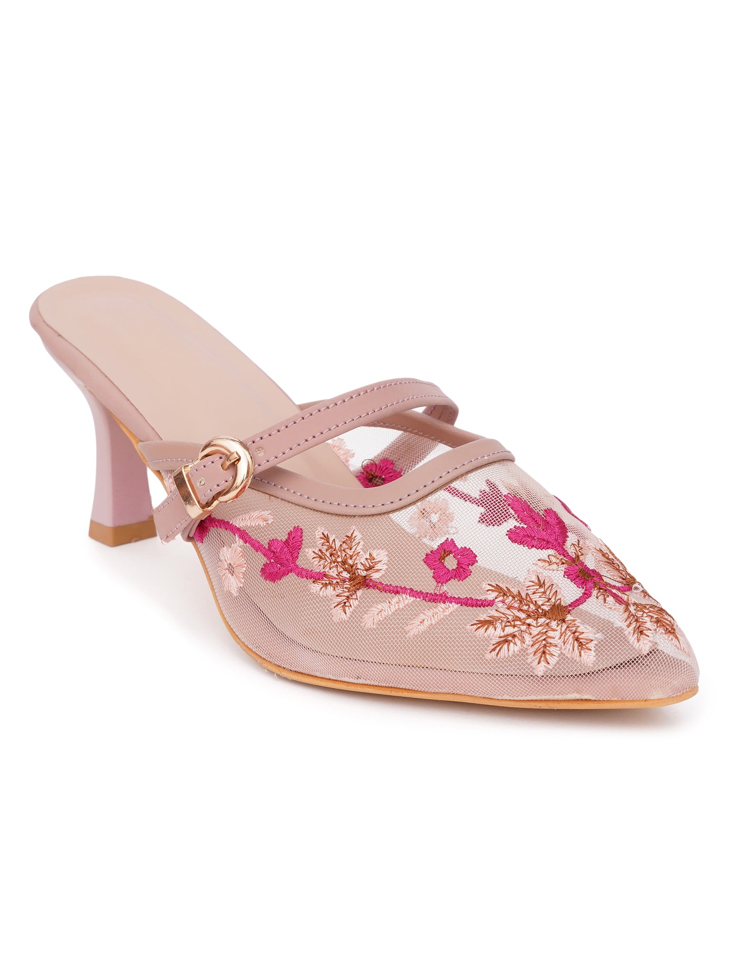 Embroidered Floral Mesh Slingback Kitten Heels