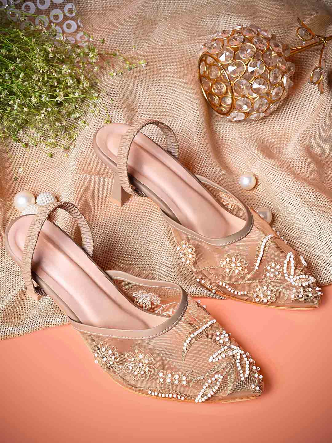 Mesh Embellished Pointed Toe Mule Heels