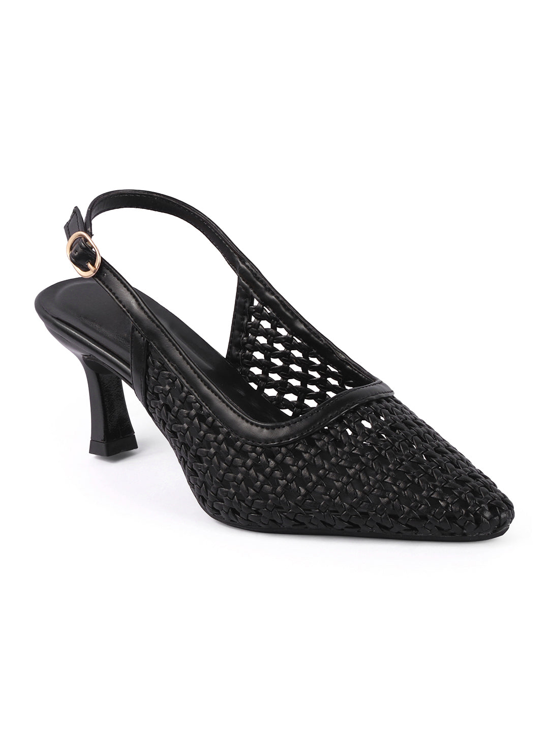 Weave Chic Buckle Strap Kitten Heel Mules