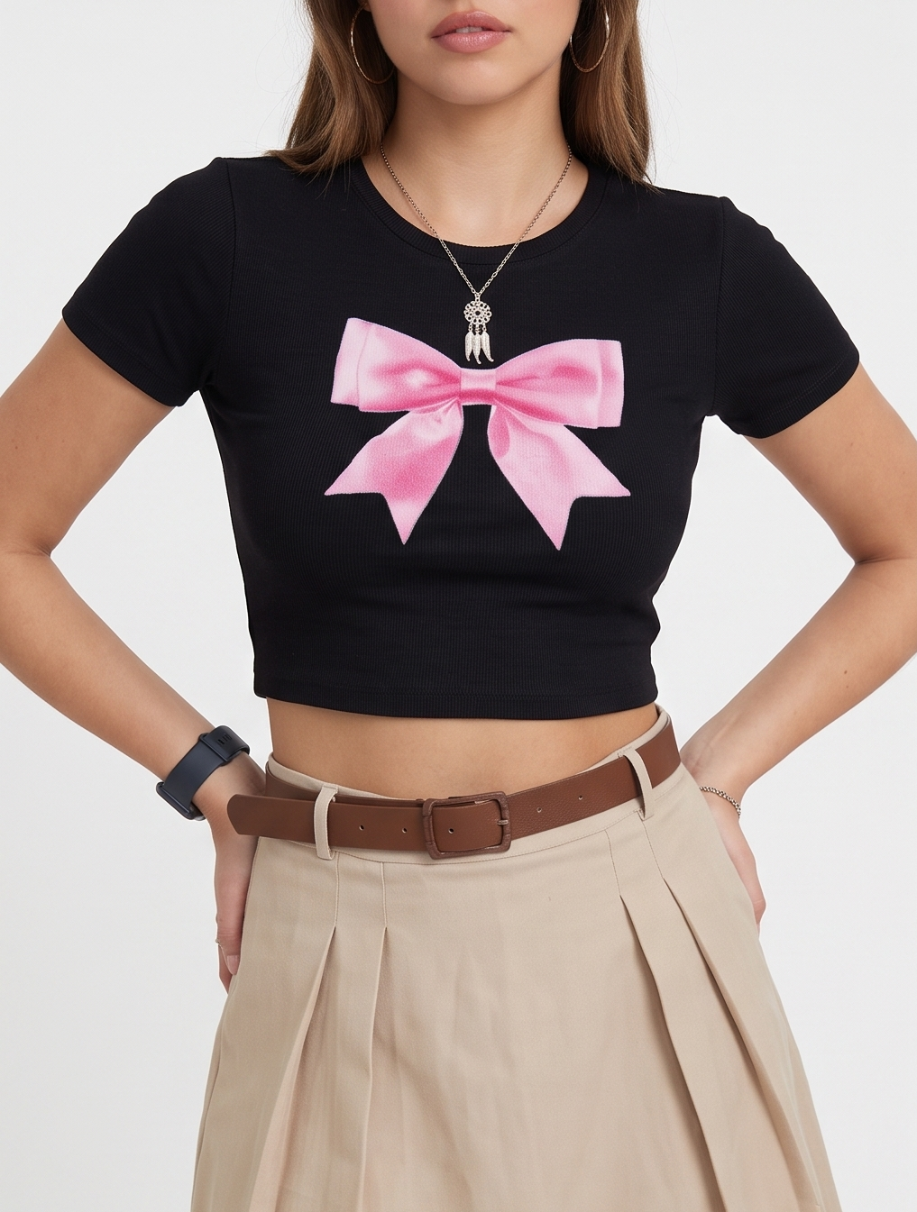 Pink Bow Graphic Black Crop T-Shirt-Black