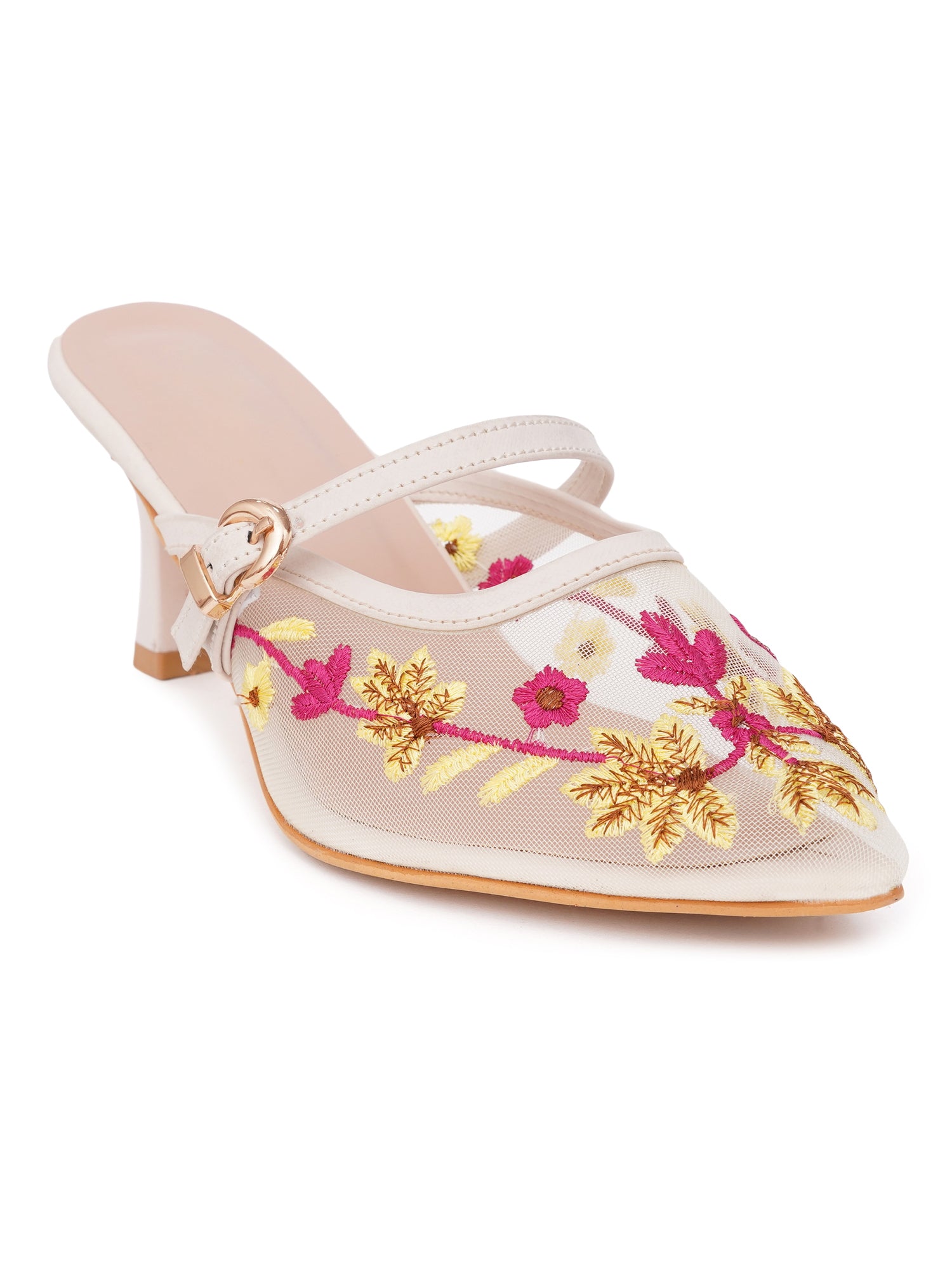Embroidered Floral Mesh Slingback Kitten Heels