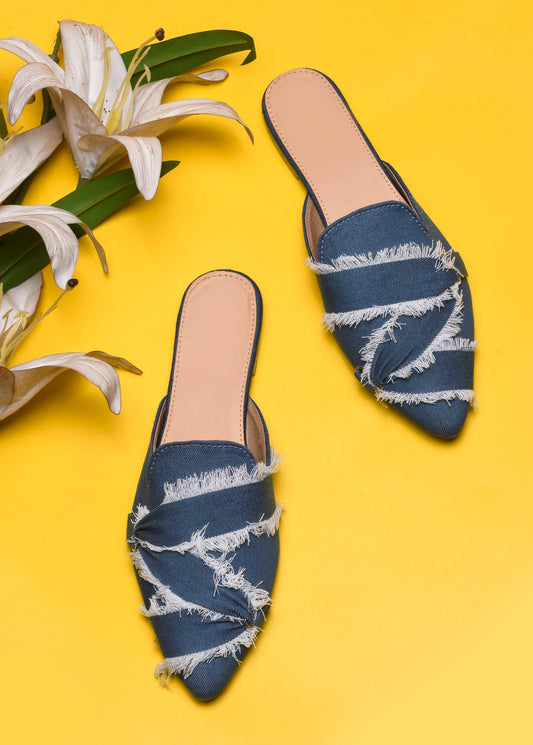 Frayed Edge Denim Pointed-Toe Mule Flats