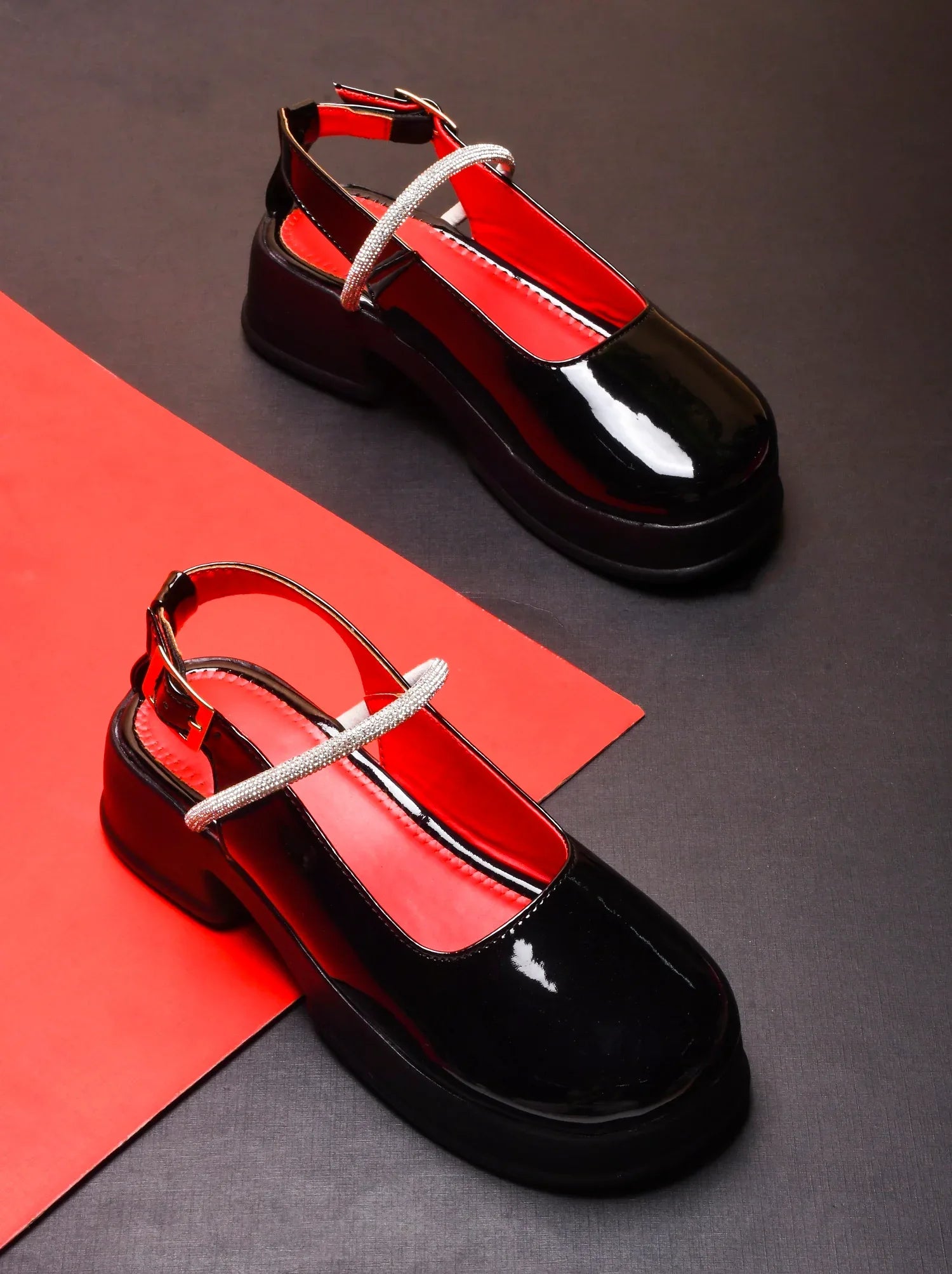 Classic Gloss Finish Ankle Strap Block Heels