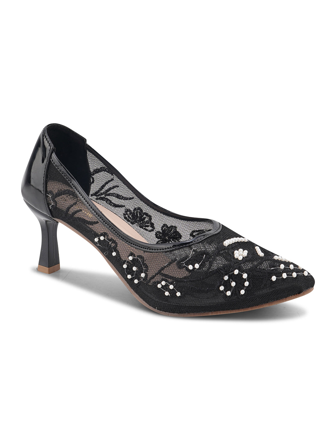 Pearl Embroidered Mesh Kitten Heels