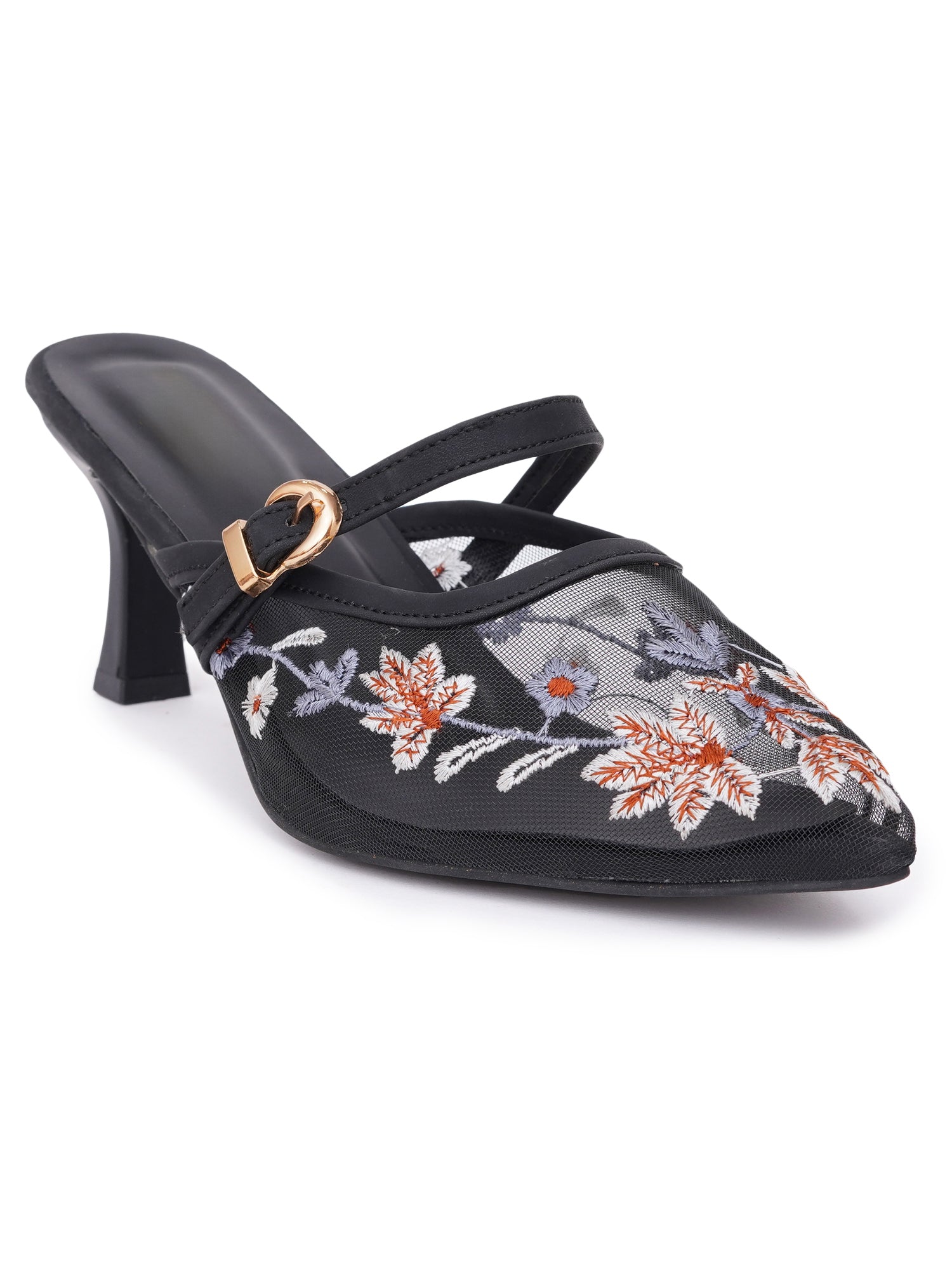 Embroidered Floral Mesh Slingback Kitten Heels