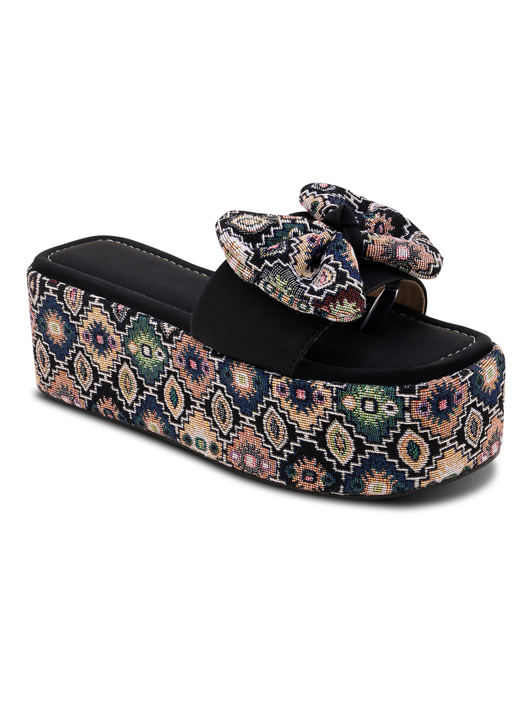 Tribal Boho Bow Printed Platform Wedge Slides