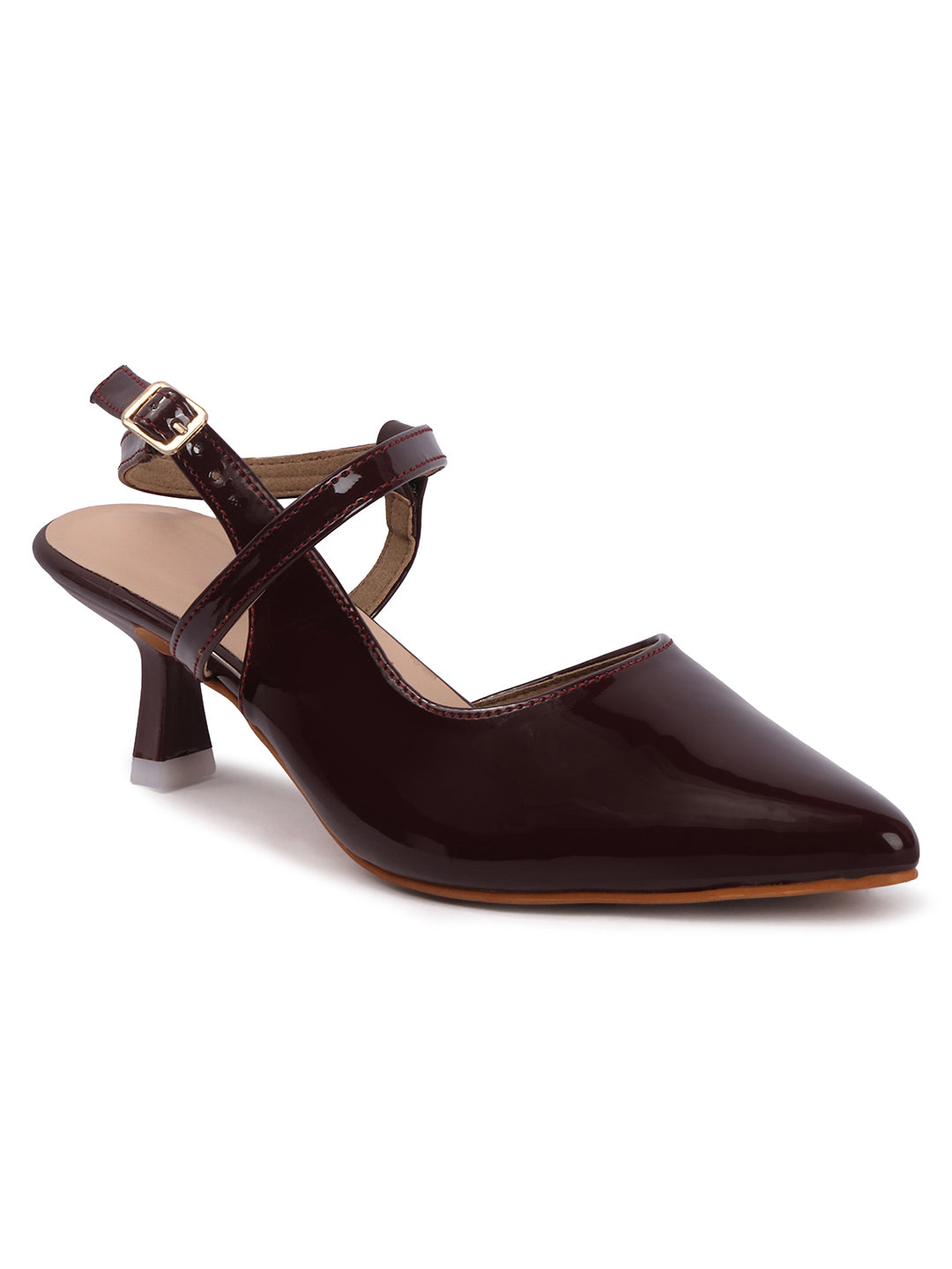 Elegant Patent Pointed Toe Slingback Kitten Heel Mules-Cherry
