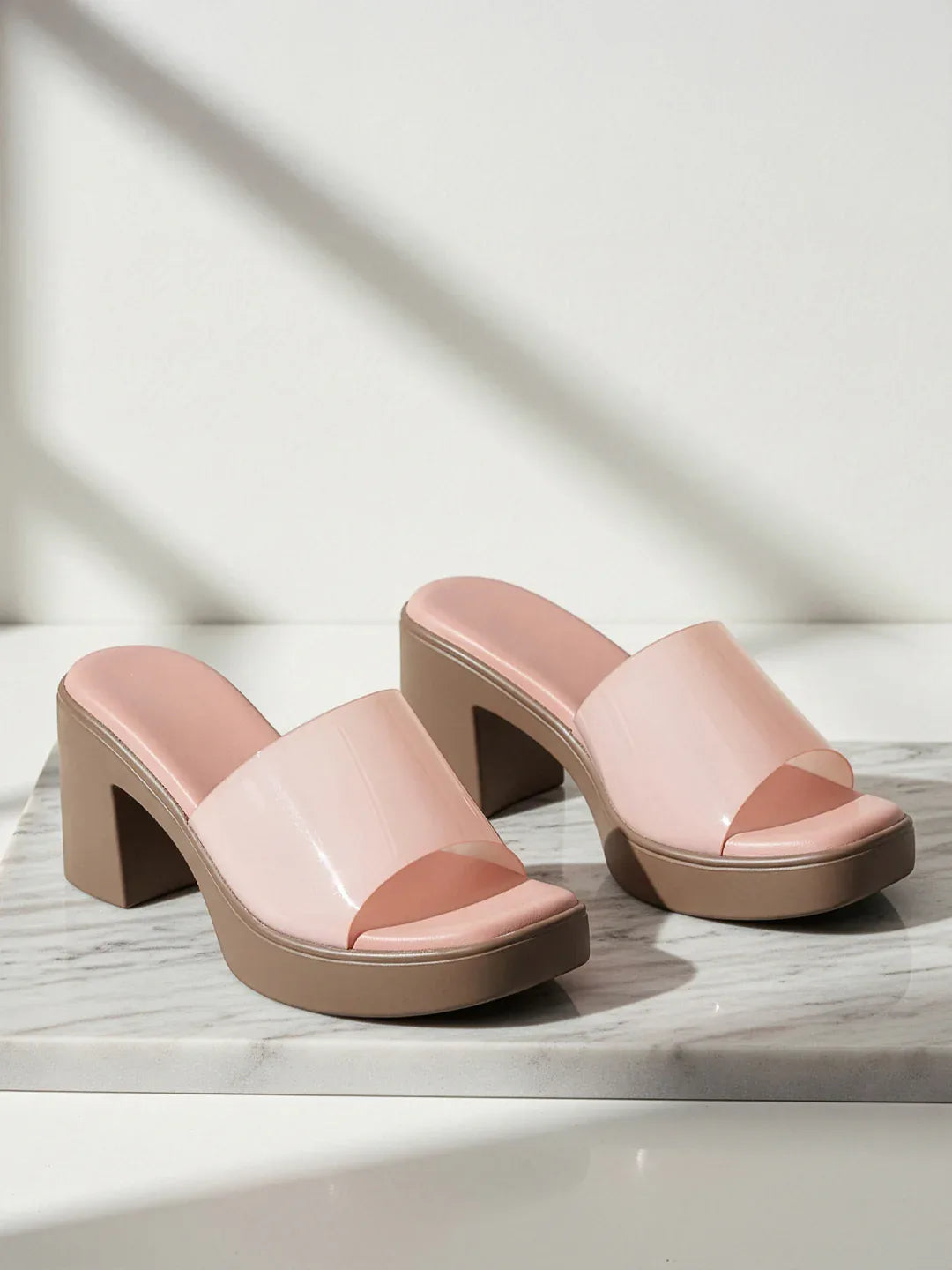 Modern Gloss Strap Mid Heel Slides