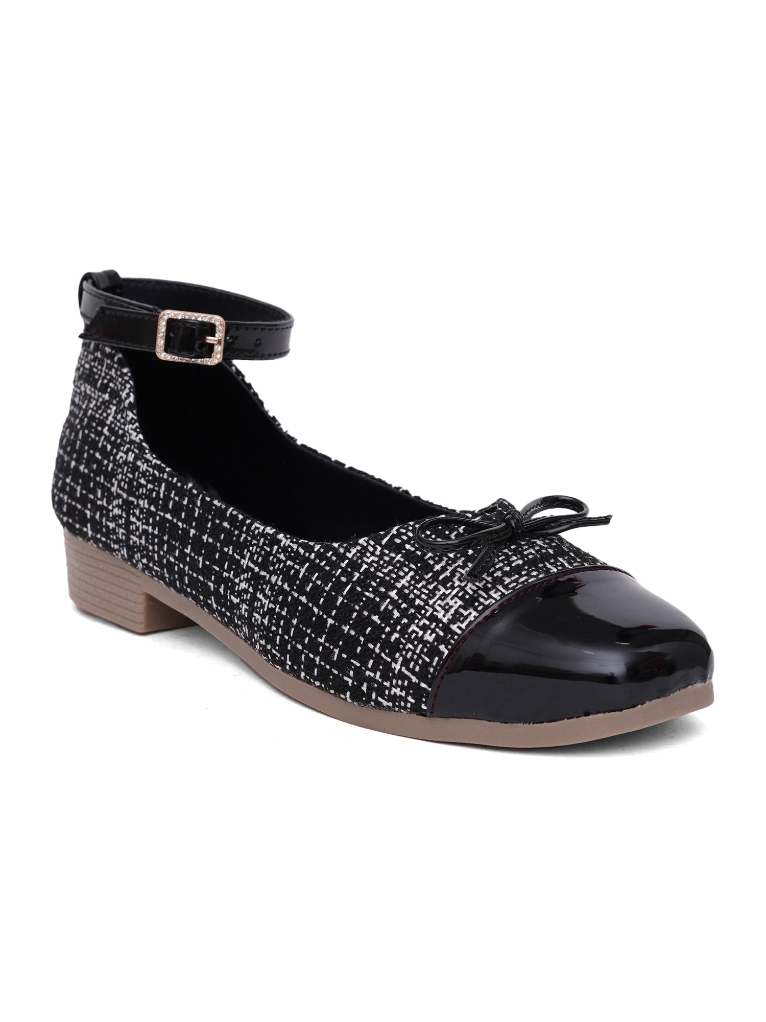 Elegant Tweed Texture Ballet Pumps Bellies with Ankle Strap