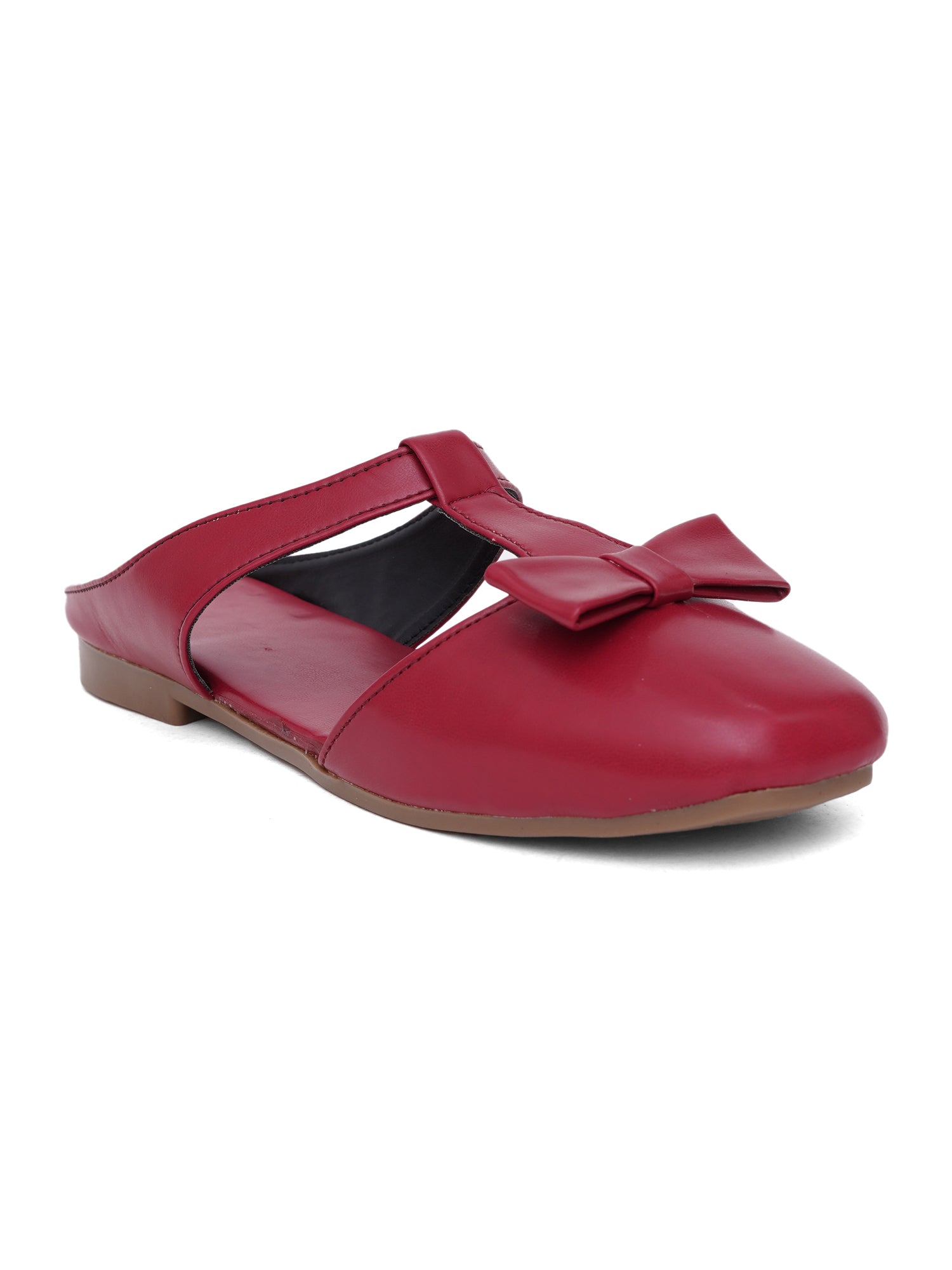 Casual Slip-On Women's Bow Detail T-Strap Mule Flats-Cherry
