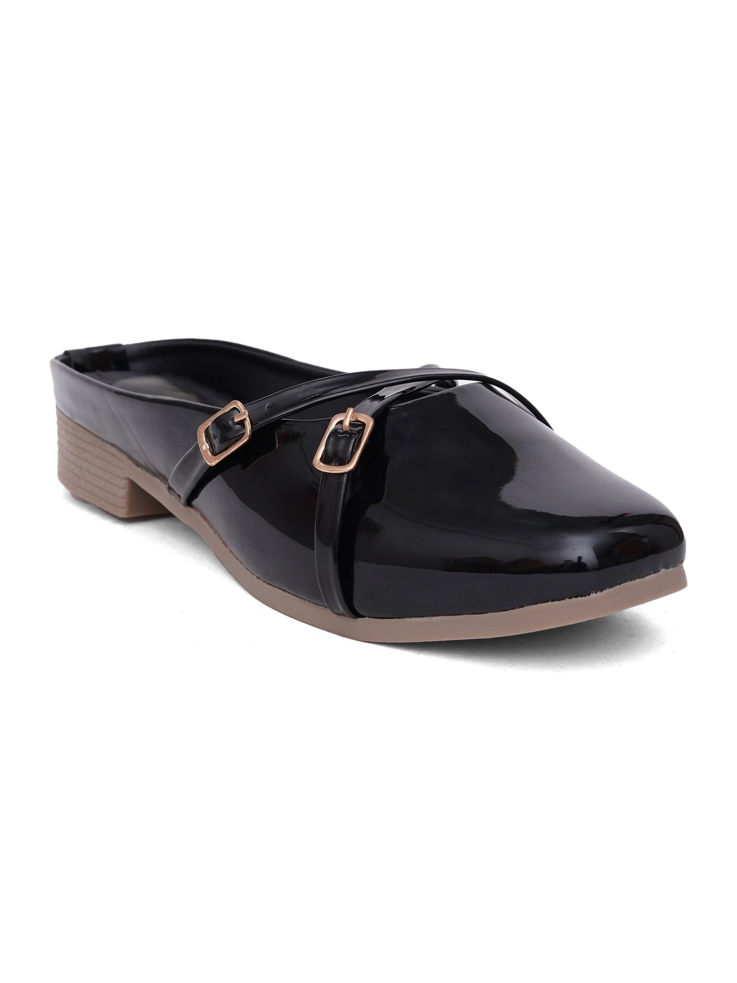 Elegant Double Strap Glossy Pointed Toe Mule Shoes