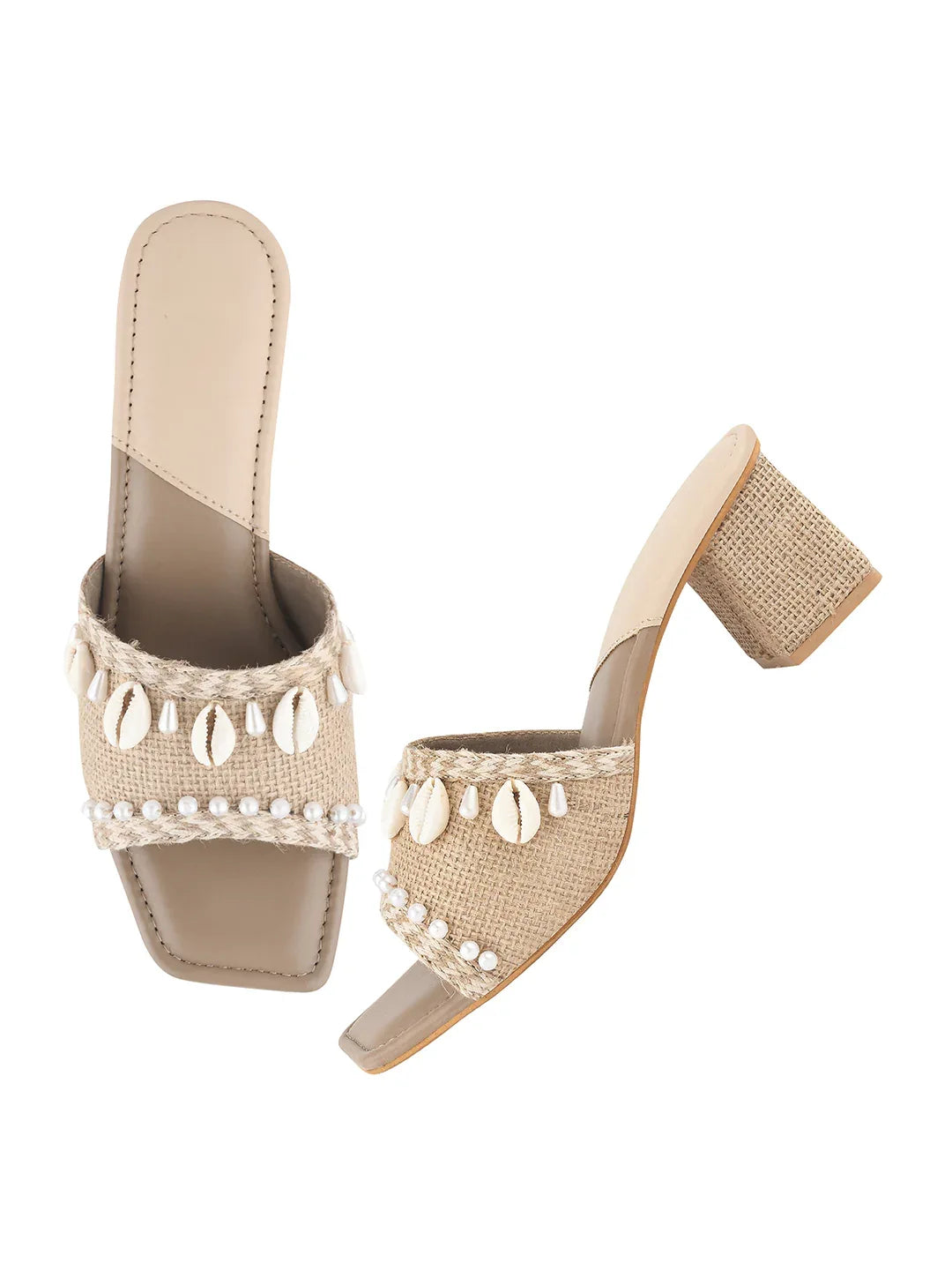 Ethnic Shell Detail Block Heels
