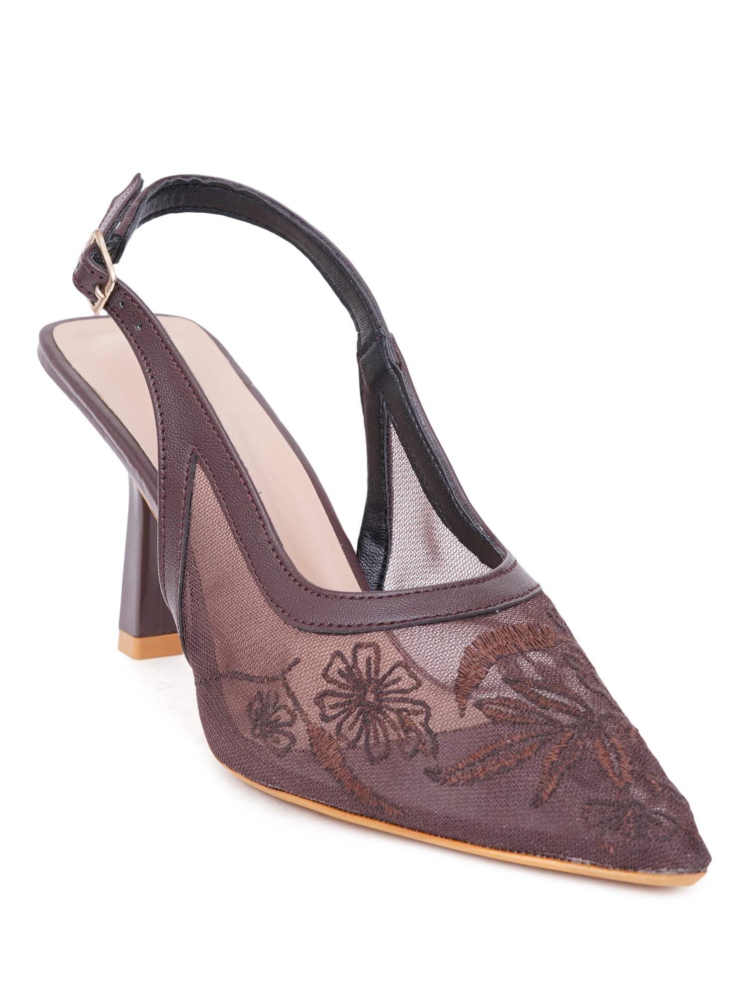 Floral Embroidered Mesh Slingback Kitten Heels