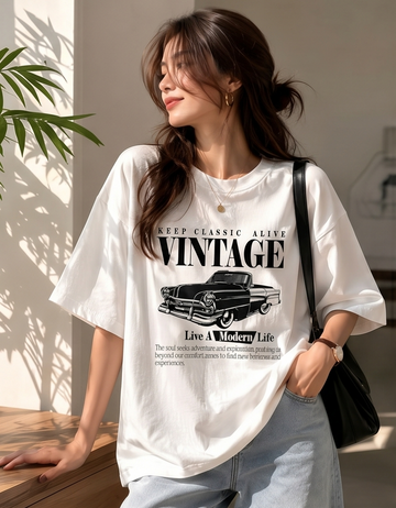 Retro Cotton Streetwear Oversized Vintage Car Graphic Printed T-Shirt