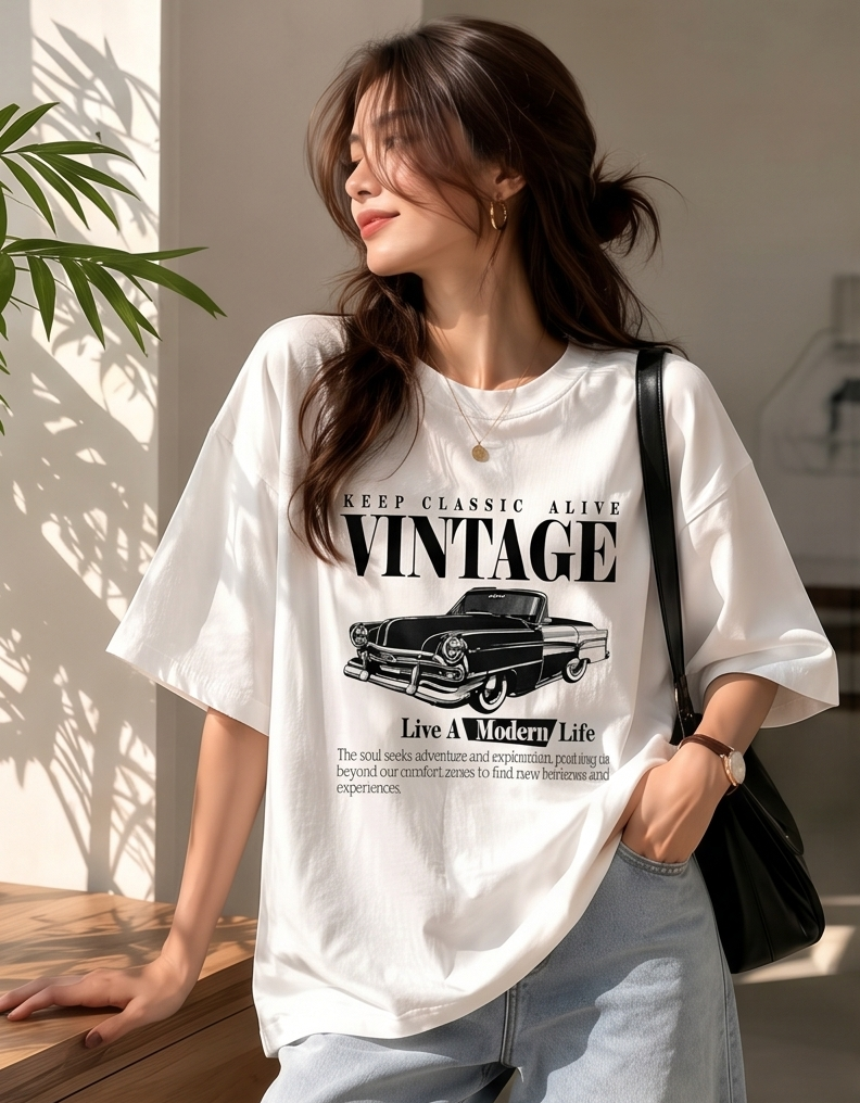 Retro Cotton Streetwear Oversized Vintage Car Graphic Printed T-Shirt
