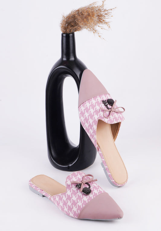 Houndstooth Pointed Toe Slip-On Mule Flats