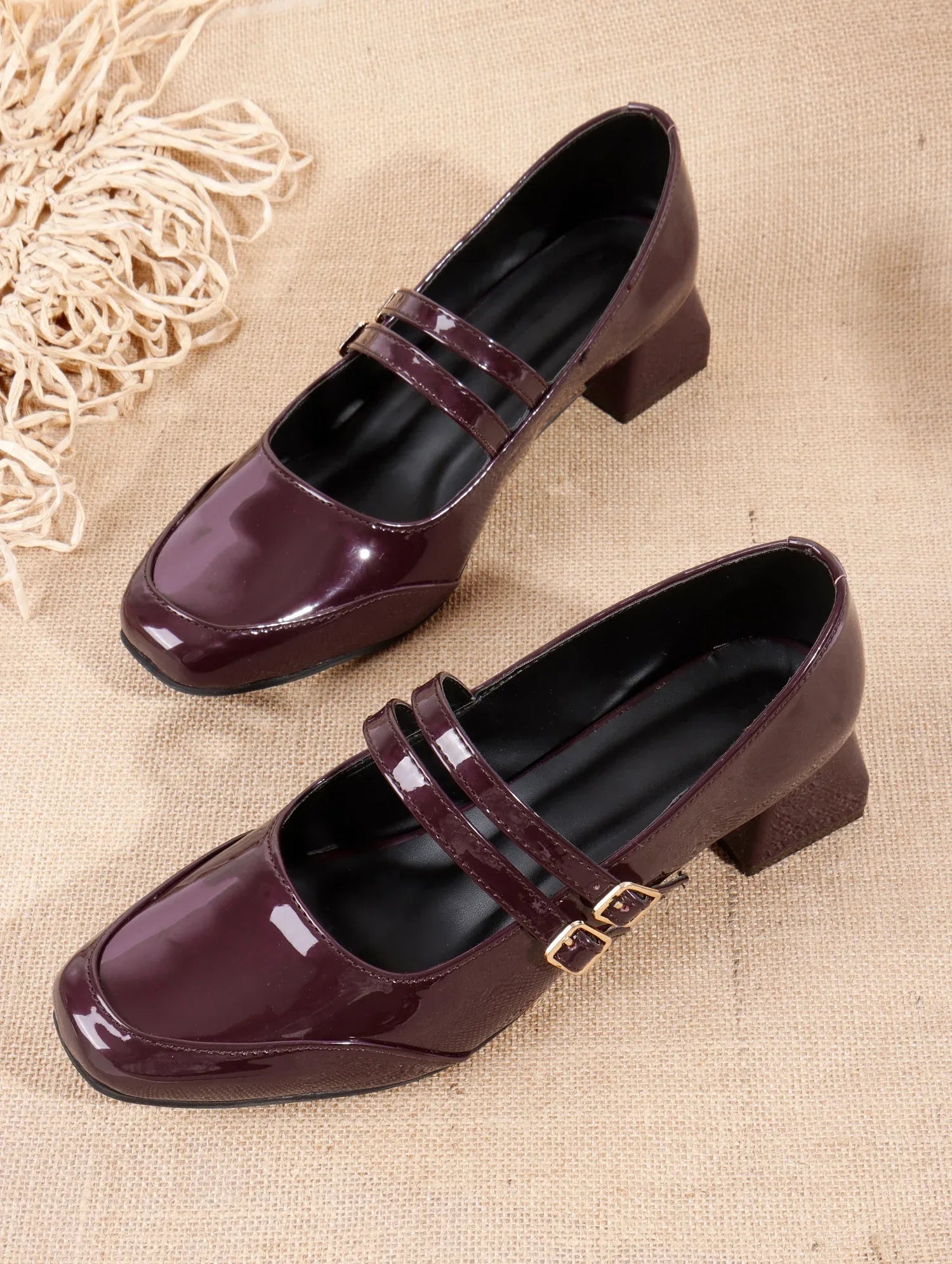 Patent Finish Buckle Detail Mid Heels