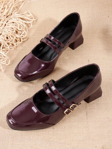 Patent Finish Buckle Detail Mid Heels