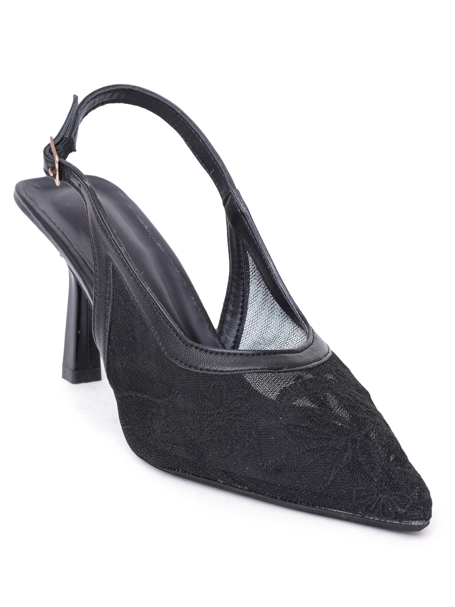 Floral Embroidered Mesh Slingback Kitten Heels